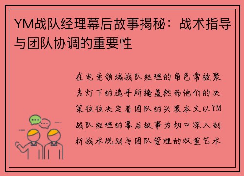 YM战队经理幕后故事揭秘：战术指导与团队协调的重要性